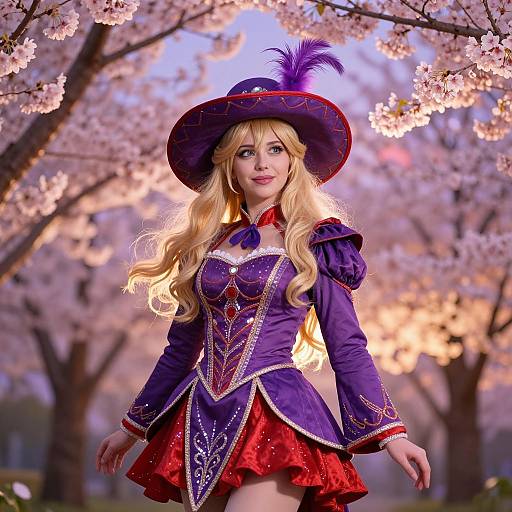 Photograph of a blonde woman in a vibrant purple and red fantasy costume with a wide-brimmed hat, surrounded by blooming cherry blossoms.