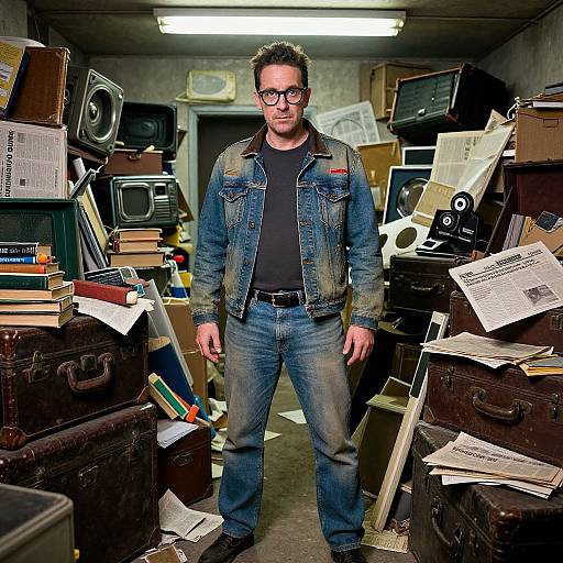 Photograph of a man with short dark hair, glasses, denim jacket, black shirt, and jeans standing in a cluttered storage room filled with books