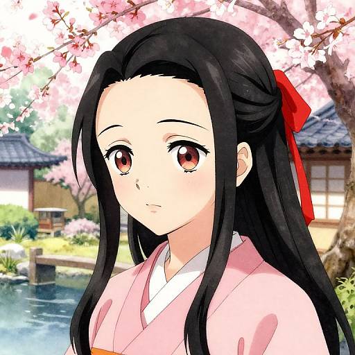 Tender Anime Girl in Sakura Garden