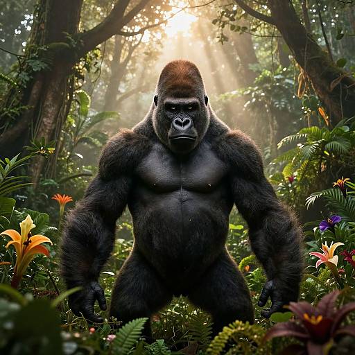 Photorealistic CGI of a towering, muscular gorilla with dark fur and a serious expression, standing in a sunlit, lush jungle filled with colorful