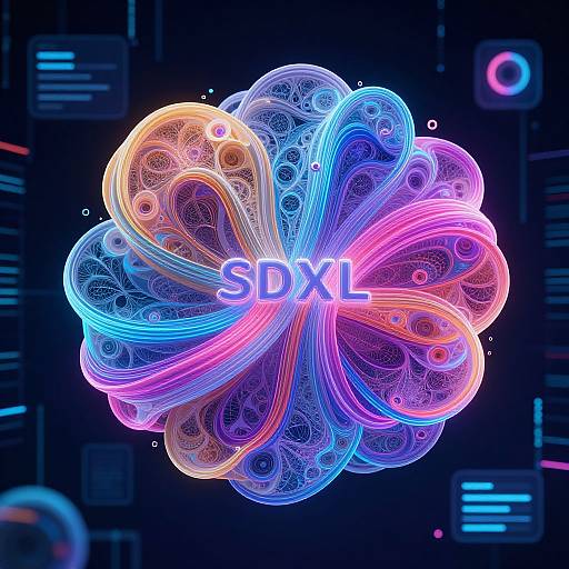 Digital artwork of a glowing, neon-colored, fractal-like structure with swirling patterns, labeled 