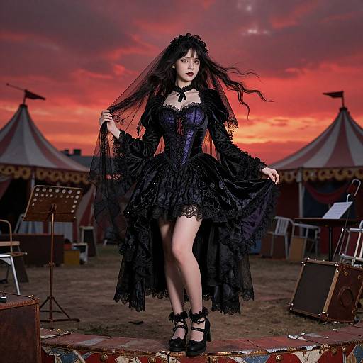 Gothic woman in black lace dress and veil, standing on stage at sunset, surrounded by circus tents and musical instruments.