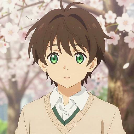 Gentle Anime Boy with Cherry Blossoms