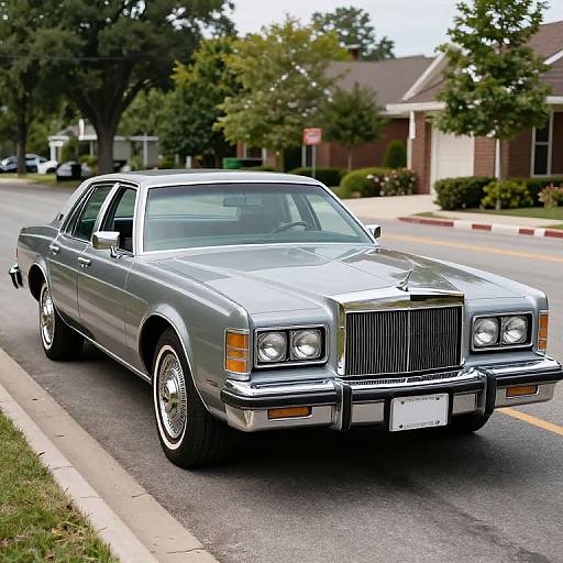 Photograph of a shiny silver 1980s Cadillac sedan parked on a suburban street, with trees and houses in the background.