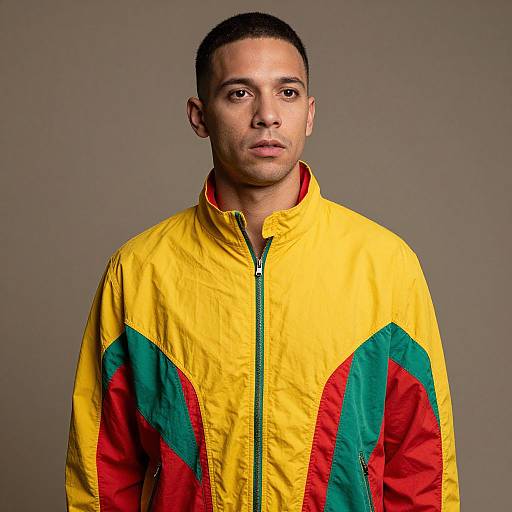 Photograph of a young man with short black hair, medium brown skin, wearing a bright yellow jacket with red and green stripes, against a plain gray