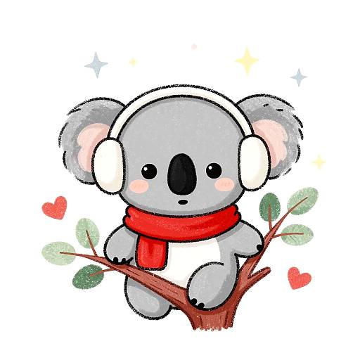 Cute Koala with Red Scarf and White Earmuffs