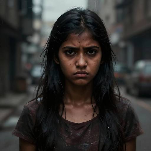 Photograph of a somber, dirty-faced young girl with long black hair, wearing a tattered brown shirt, standing in a blurred urban alley.