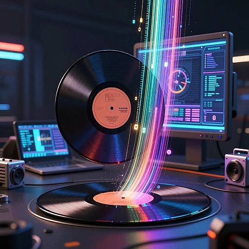 Photograph of a black vinyl record spinning, emitting colorful digital sound waves, surrounded by glowing computer screens and speakers in a dark, futuristic studio.