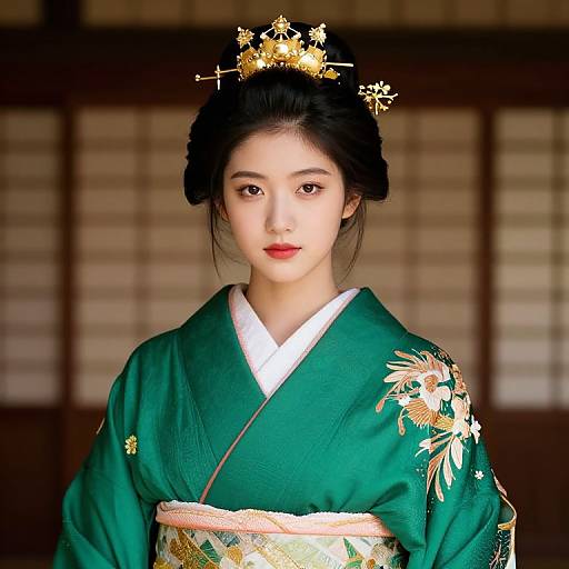 Asian Girl in Green Kimono with Crown