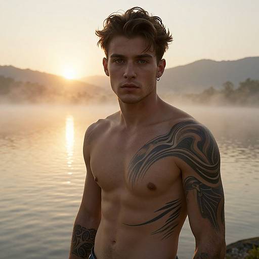Photograph of a muscular, tattooed man with short brown hair standing shirtless at a misty lake during sunset, mountains in background.