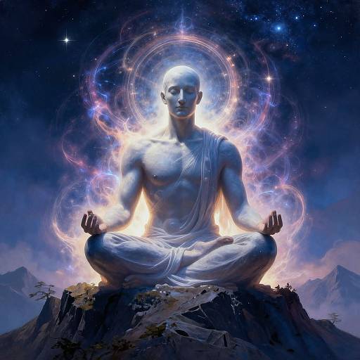 Digital art of a muscular, blue-skinned, bald meditating man with a glowing halo, seated cross-legged on a rocky mountain, surrounded by cosmic