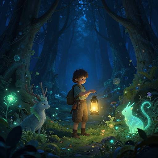 Digital fantasy artwork: A young boy with curly hair and a backpack, holding a lantern, stands in a glowing blue forest, surrounded by biolumines