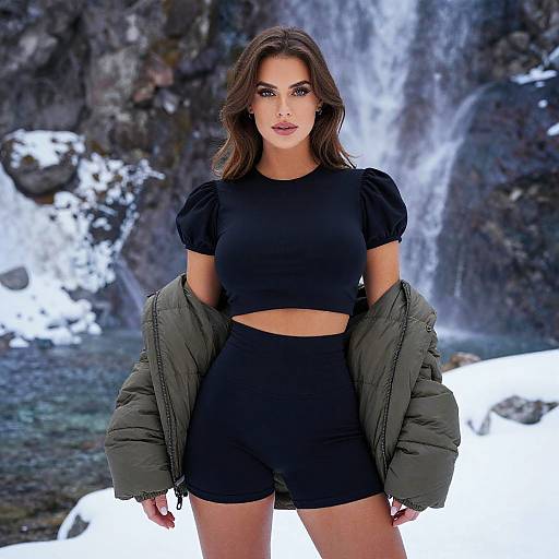Sporty Chic Woman by Alpine Waterfall