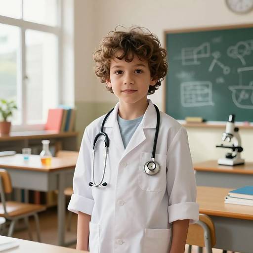 Photograph of a young boy with curly brown hair, wearing a white doctor's coat and stethoscope, standing in a bright classroom with chalkboard