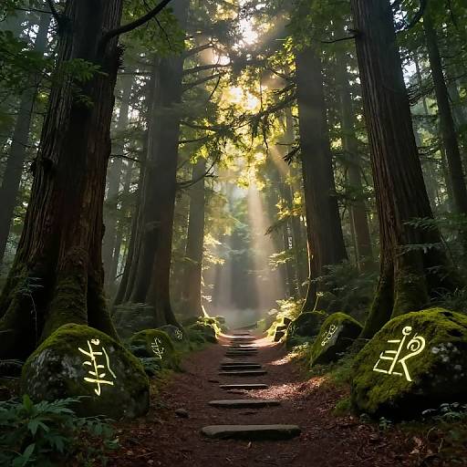 Photograph of a mystical forest path with sunbeams filtering through tall trees, illuminated by glowing runes on moss-covered rocks.
