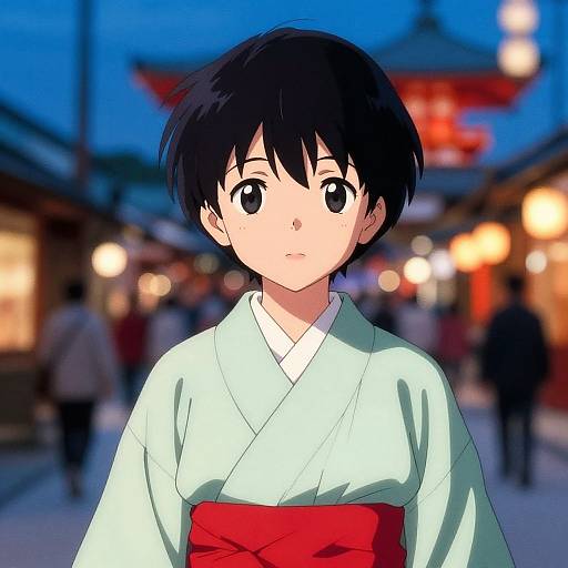 Anime-style drawing of a young boy with black hair, wearing a white kimono with a red obi, standing in a bustling evening street with blurred