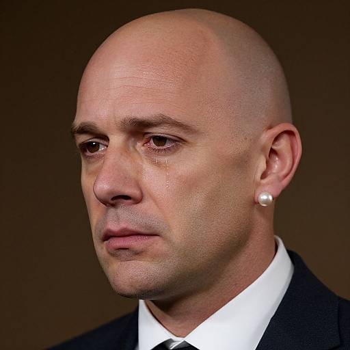 Photograph of a bald, middle-aged man with fair skin, wearing a white shirt, black tie, and pearl earring, against a dark brown