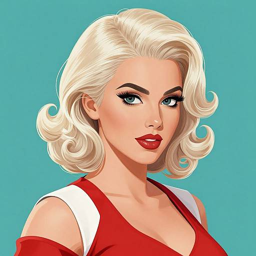 Digital illustration of a blonde woman with wavy hair, red lipstick, and blue eyes, wearing a red top with white straps, against a turquoise background