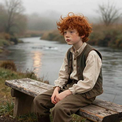 Photograph of a freckled, red-haired boy with curly hair, wearing a white shirt and brown vest, sitting on a wooden bench by a