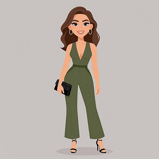 Digital illustration of a smiling woman with long brown hair, wearing a green, deep V-neck jumpsuit, black heels, and holding a black studded