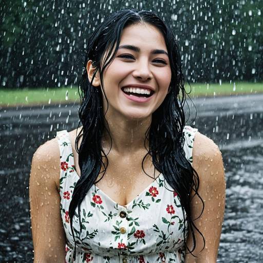 Woman Smiling in Heavy Rain