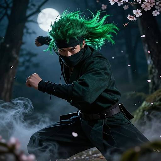 Green-Haired Ninja in Moonlit Forest