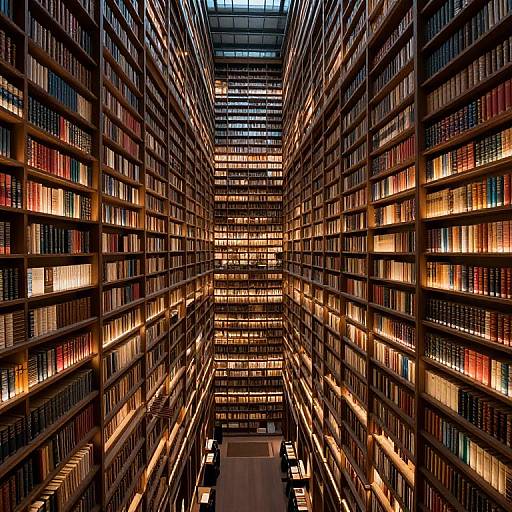 Photograph of a grand, illuminated library with tall, wooden bookshelves filled with colorful books, viewed from an overhead angle.