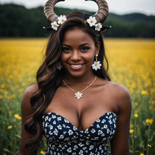 Woman Wearing Floral Dress and Horned Headband in Flower Field