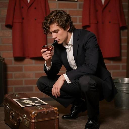 Crouching Man with Suitcase and Pipe