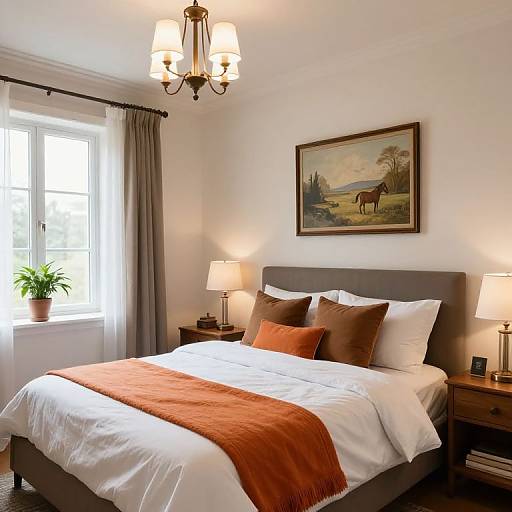 Cozy bedroom photograph: gray upholstered bed with white sheets, orange blanket, brown pillows, two lamps, chandelier, painting of horse, window