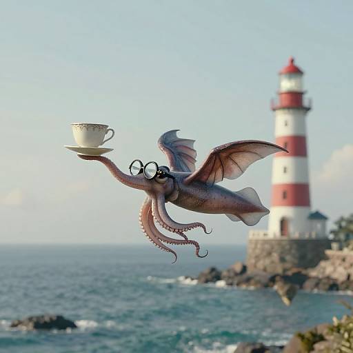 Digital illustration of a winged octopus with glasses flying over the ocean, holding a teacup, with a red-and-white lighthouse in the
