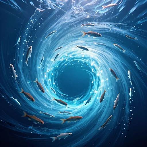 Digital artwork of a swirling blue underwater vortex with glowing white center, surrounded by numerous colorful fish, including goldfish and koi.