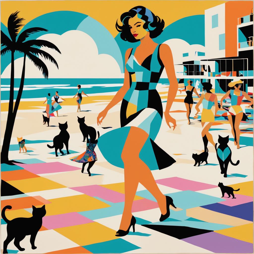 Art Deco Beach Scene with Cats & Dance