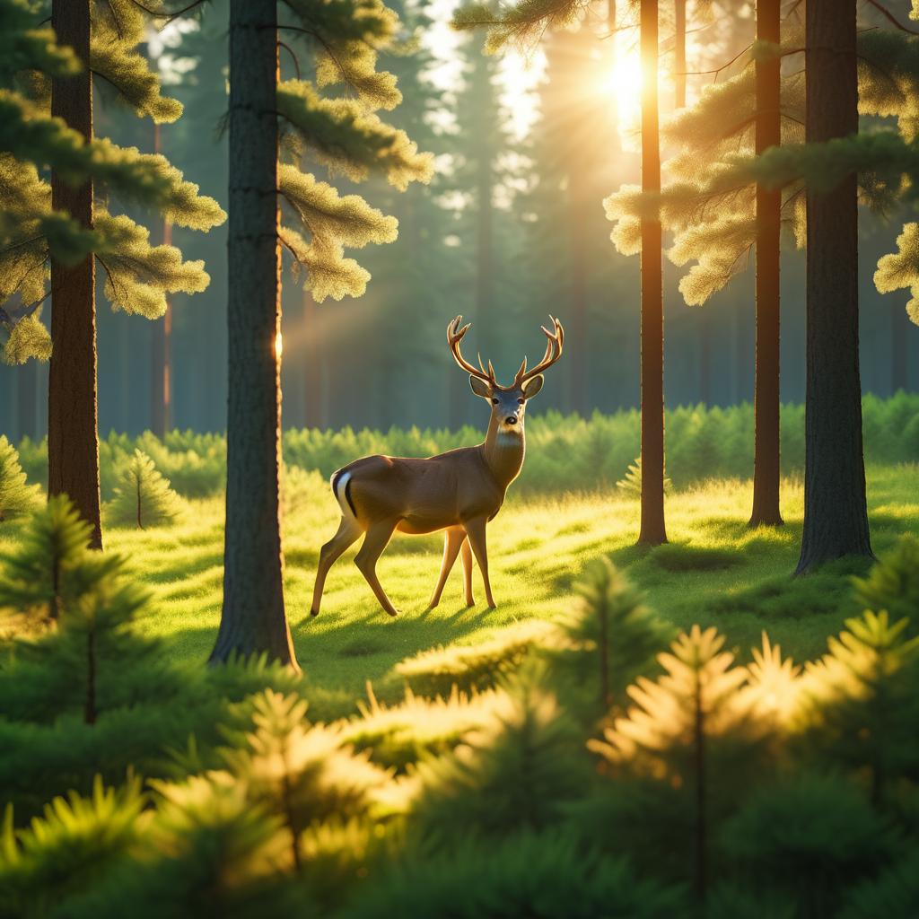 Serene Deer in Sunset Pine Forest