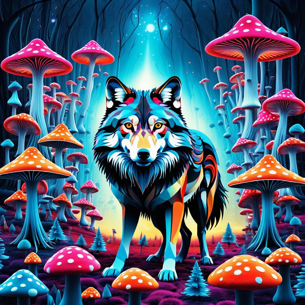 Surreal Wolf Among Neon Mushrooms