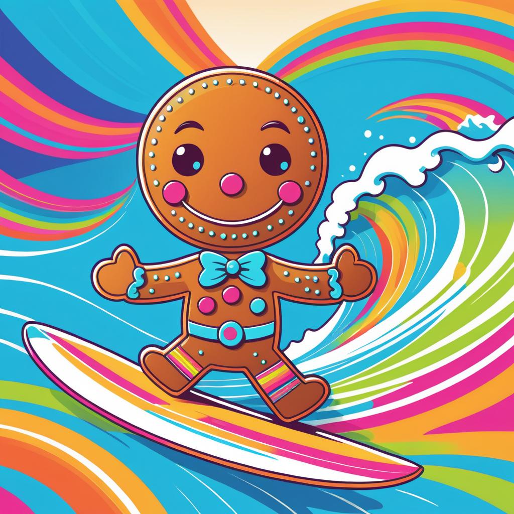 Gingerbread Surfer on a Colorful Beach