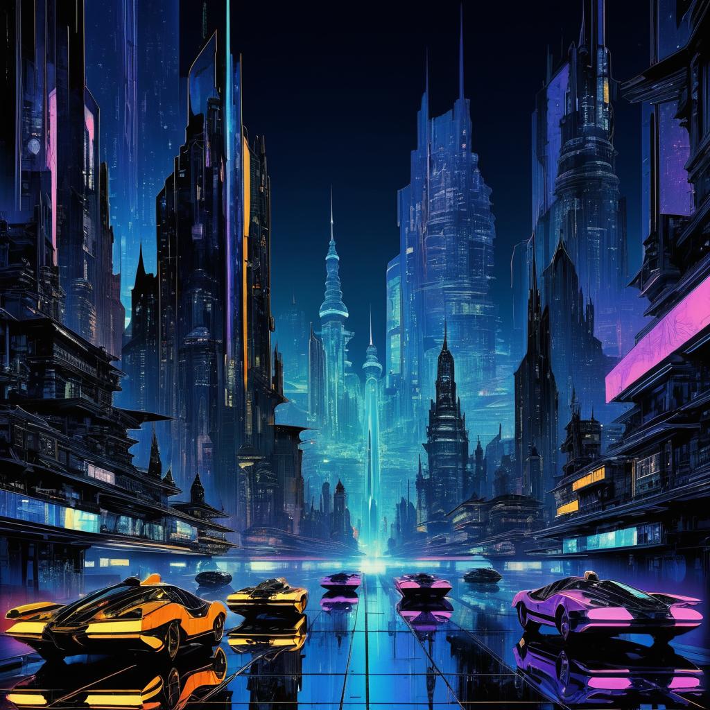 Futuristic City Skyline Neon Collage