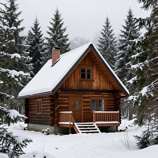Photograph of a rustic wooden cabin with a snow-covered roof, nestled among snow-laden evergreen trees in a winter forest.