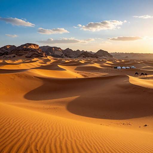 Photograph of a golden desert with rippled sand dunes under a bright blue sky, featuring distant rocky mountains and small white tents with three people near