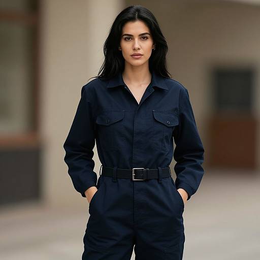 Photograph of a confident woman with long black hair, wearing a black belted jumpsuit, hands in pockets, standing in a blurred urban background.