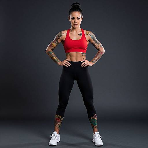 Photograph of a muscular, tattooed woman with dark hair in a bun, wearing a red sports bra, black leggings, and white sneakers, standing