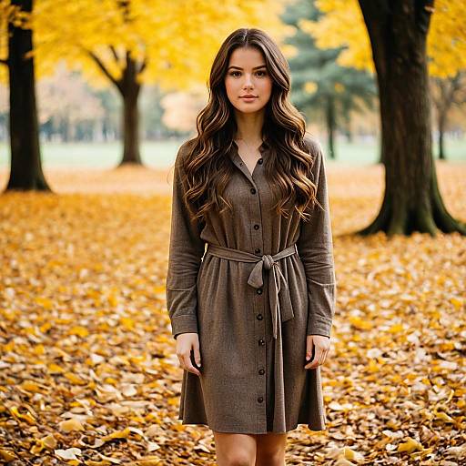 Young Woman in Brown Dress Standing in Autumn Park