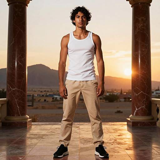Photograph of a young, muscular man with curly hair, wearing a white tank top and beige pants, standing on a marble terrace at sunset with mar