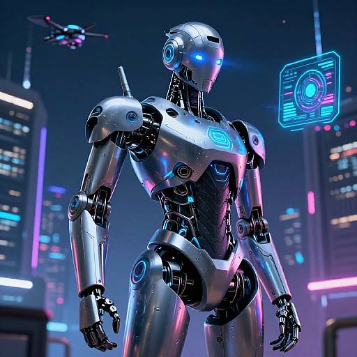 Futuristic Humanoid Robot in Cyberpunk City