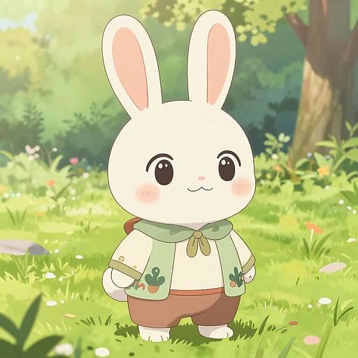 Adorable white bunny with pink inner ears, wearing green sleeveless vest and brown pants, standing in sunlit, colorful forest meadow. Digital anime