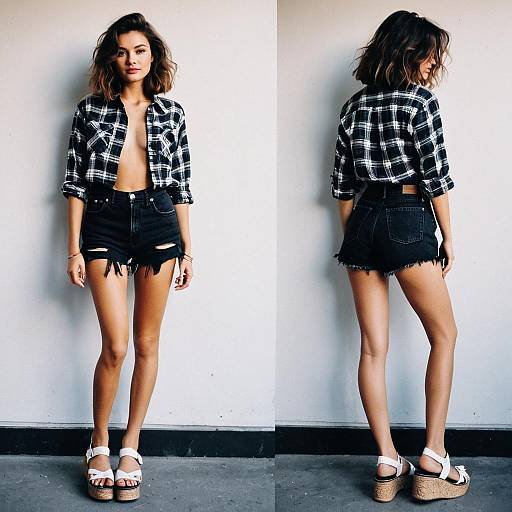 Slim Woman in 90s Plaid Shirt and Denim Shorts