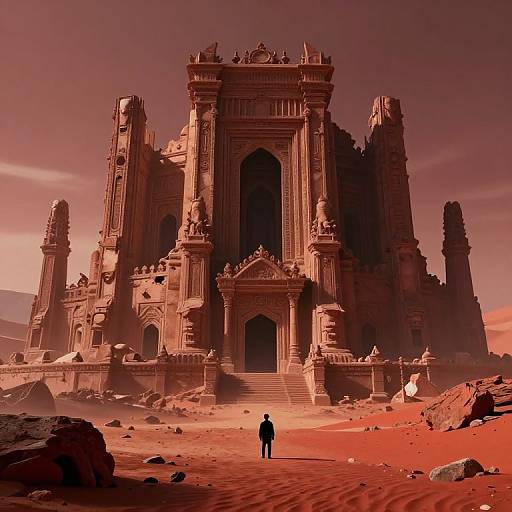 Photograph of a massive, red-hued, ancient temple with intricate carvings, towering spires, and a solitary figure standing in a vast