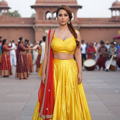 Photograph of a confident Indian woman in a bright yellow saree with red and gold border, standing in a historic courtyard with musicians and dancers in the