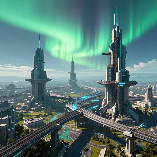 Digital artwork of a futuristic city with towering skyscrapers, neon green aurora, and elevated highways, under a bright, cloudy sky.