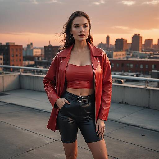 Woman in Red Leather Tube Top on Rooftop at Sunset